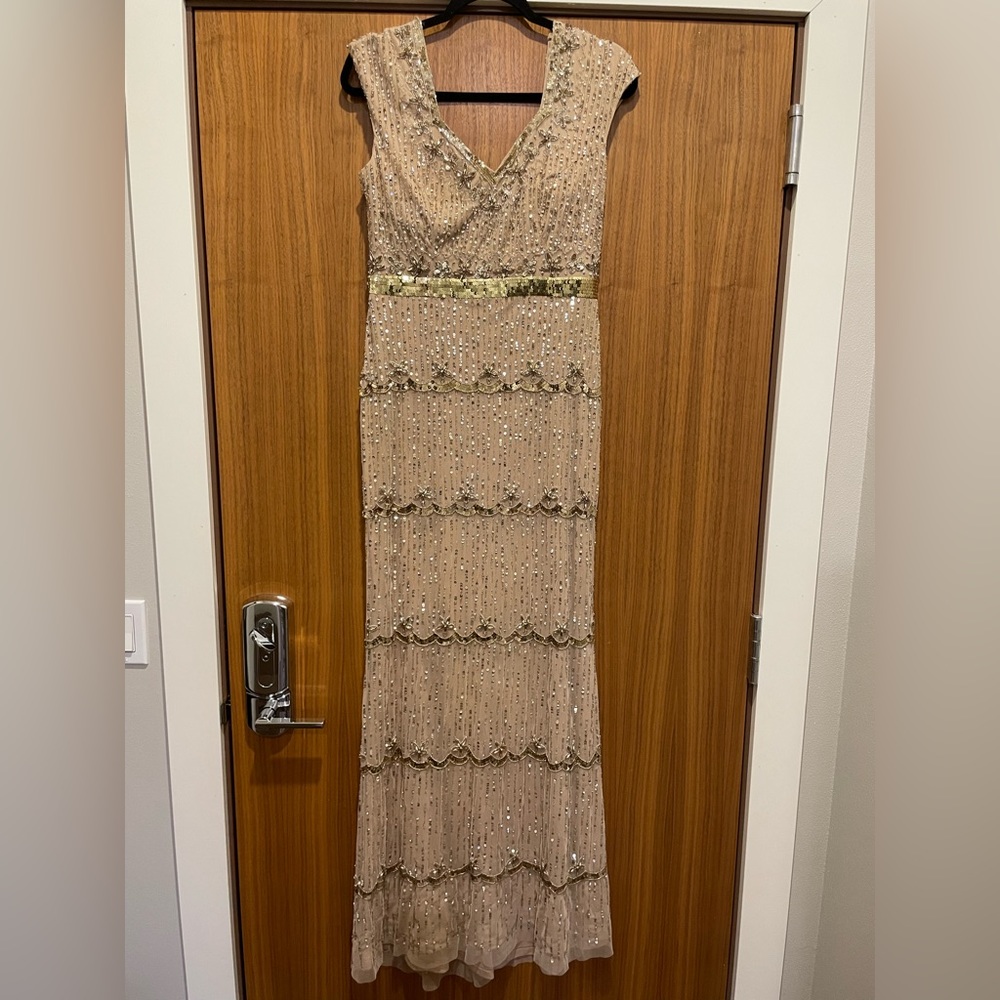 new Mac Duggal CAP SLEEVE EMBELLISHED COLUMN GOWN in nude - Picture 5 of 8